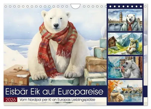 Eisbär Eik auf Europareise von Sabine Löwer - Wandkalender 2026 im DIN A4 quer Format, entführt Sie mit Eisbär Eik auf eine spannende Reise zu Europas Lieblingsplätzen.