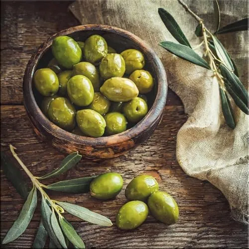 artissimo, Glasbild, 30x30cm, AG5496A, Essen und Trinken: Vintage Oliven, Bild aus Glas, Wanddekoration aus Glas, Wandbild Küche modern, Küchenbild Gewürze