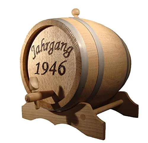 Eichenfass Holzfässer 1, 2 oder 3 Liter, unlackiert inkl. Stopfen, Hahn und Bock aus Holz mit individueller Brandgravur Einer Personalisierung