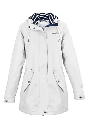 Regenliebe Damen Regenmantel | Taillierter Friesennerz in Weiß - Funktionsjacken – winddichter und wasserdichter Regenmantel mit gestreiftem Innenfutter, verstellbarer Kapuze und Unterarmbelüftung, ideal für stürmisches Wetter.