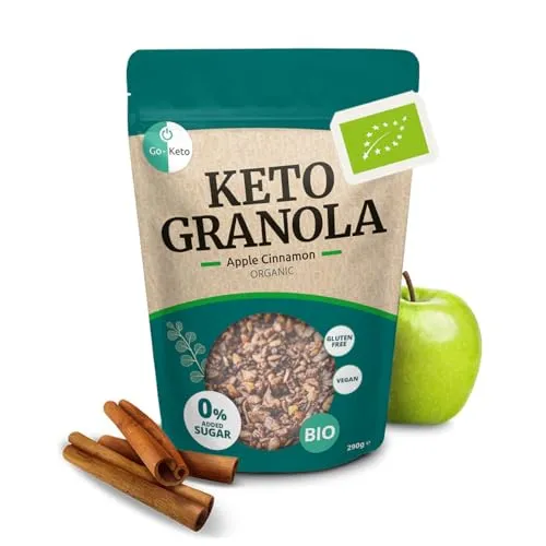 Go-Keto BIO Keto Granola Apple Cinnamon 290g – Low Carb Keto Müsli für ein leckeres Keto Frühstück, mit Kokoschips, Nüssen, Früchten, Sonnenblumenkern & Kürbiskern, vegan, glutenfrei, laktosefrei