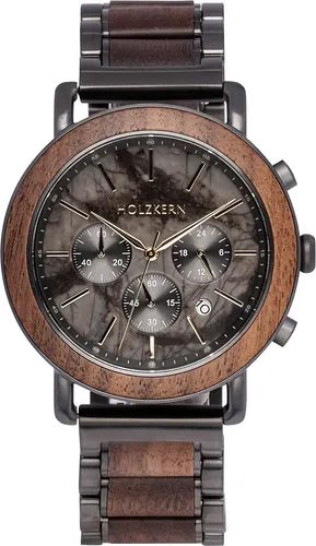 Holzkern Quarzuhr Askja Walnuss/Marmor - Hochwertige Armbanduhr für Männer mit präzisem Quarzwerk, stilvollem grauem Marmor-Zifferblatt und edlen Walnussholz-Elementen, perfekt für jeden Anlass.