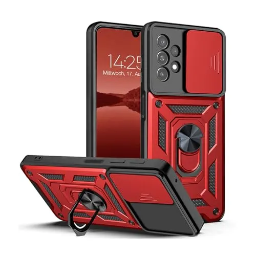 LBH Armor Hülle für Samsung Galaxy A33 5G Case mit Kameraschutz Outdoor Stoßfest Handyhülle 360 Grad Metal Ring Halter Ständer Schutzhülle für Handyhalterung Auto Magnet Rot