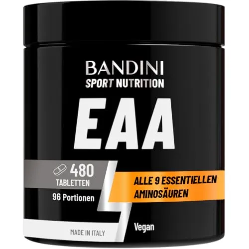 Produktbild Bandini® EAA Aminosäuren Komplex | 480 vegane Amino Tabletten mit 9 verschiedenen Aminosäuren | Essential Amino Pre Post Workout aus pflanzlicher Fermentation | Hochdosiert, laborgeprüft, GVO-frei