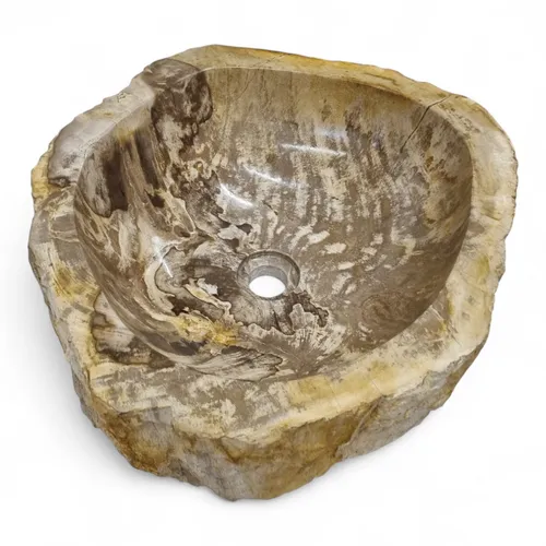 Waschbecken aus versteinertem Holz 45x40 cm – Handgefertigtes Natursteinbecken - Elegantes Aufsatzwaschbecken aus versteinertem Holz, handgefertigt mit einzigartiger Oberflächenstruktur. Ideal für moderne Badezimmergestaltung.