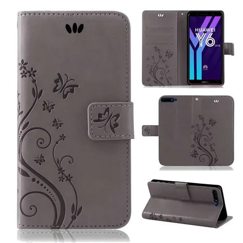 Handy Tasche Huawei Y6 2018 Handyhülle Schutz Flip Cover Buch Case Etui Grau