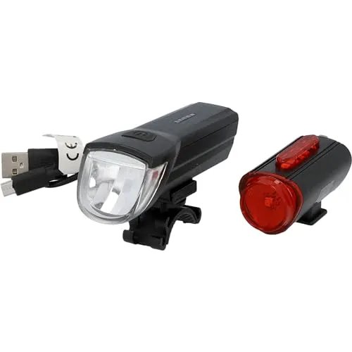 FISCHER 50363 Akku-Leuchtenset - Fahrradbeleuchtung mit 30 Lux Frontleuchte und 360° Twin Rücklicht, USB-wiederaufladbar und wasserbeständig, ideal für sicheres Fahren bei Nacht.