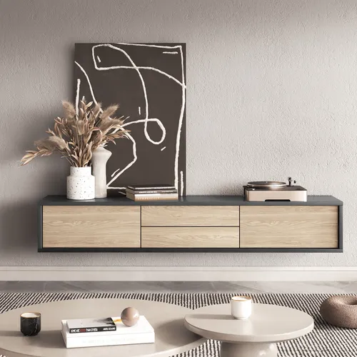 Masseno TV-Schrank Livia 180 cm Fernsehschrank mit 2 Schubladen und 2 Türen TV-Lowboard für Wohnzimmer Modern 180x36x32 cm Anthrazit