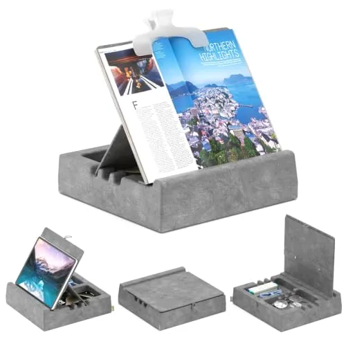 KDD Buchständer Kissen mit Buchklemme und Stauraum, Verstellbarer Buchhalter zum Lesen für Schoß Bett Schreibtisch Couch, Faltbarer Tablet Kissen Halter für Bücher Tablets E-Reader - Grau