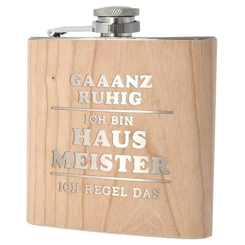 Spruchreif | Flachmann aus Edelstahl mit Gravur | Flachmann aus Holz | Outdoor Geschenk | Geschenkidee Hausmeister | Hobbyhandwerker