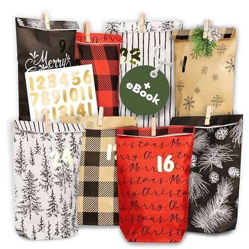 AMARI ® Adventskalender zum Befüllen - 24 Papier Adventskalender Tüten (mit Holzklammern) zum Basteln für Kinder - Papier Weihnachtskalender zum selber befüllen Tüten Weihnachtskalender selber basteln