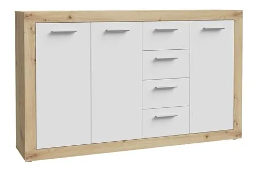 FORTE Sideboard BACCIO - Kommode in Artisan Eiche Dekor und Weiß matt, mit 3 Türen und 4 Schubladen - ideal für stilvolle Aufbewahrung und platzsparende Lösungen.