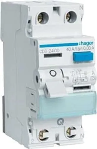 Hager CDS240D FI-Schutzschalter 2P 40A 30mA Steckklemm - Fehlerstromschutzschalter 2-polig für sichere Elektroinstallationen, mit QuickConnect-Klemme für einfache Montage und Fehlerstromanzeige.