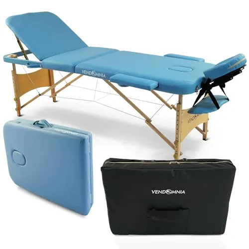 VENDOMNIA Mobile Massageliege - Holzfüße mit 3 Zonen höhenverstellbar inkl. hochwertiger Kopfstütze Tasche Armlehnen - Farbwahl Klappbar, Massagetisch Massagebett Massagebank Behandlungsliege