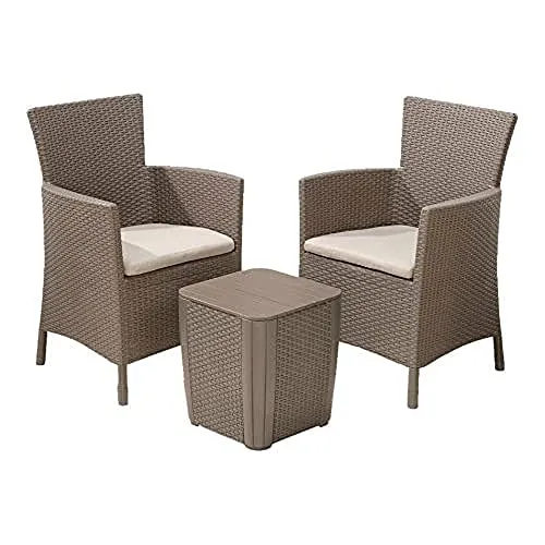 Keter 3-tlg. Garten-Sitzgruppe Iowa - Komfortables Set in Cappuccino-Braun - Gartenmöbel-Set mit 2 komfortablen Stühlen und einem Tisch mit verstecktem Staufach. Ideal für Balkon und Garten, wetterbeständig und pflegeleicht, inklusive Kissen für zusätzlichen Sitzkomfort.