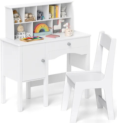 COSTWAY Kinderschreibtisch und Stuhl Set - Vielseitiges Set für Kinder ab 3 Jahren, bietet großen Stauraum mit Regal und Schublade sowie ergonomischen Stuhl für komfortables Lernen und sichere Nutzung.