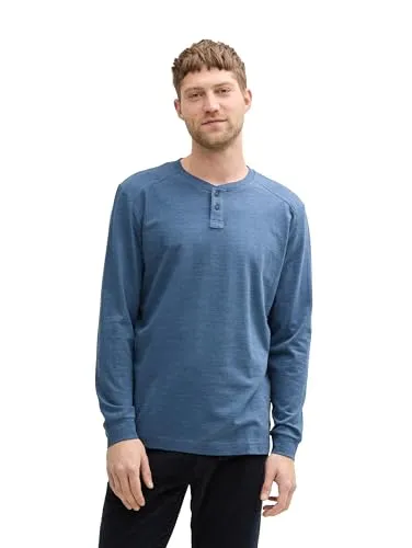 TOM TAILOR T-Shirt aus Baumwolle mit Print - Mystical Blue, XL - Herren T-Shirt mit Rundhalsausschnitt und Henley-Style Kragen, aus weichem Jersey Stoff für optimalen Tragekomfort.