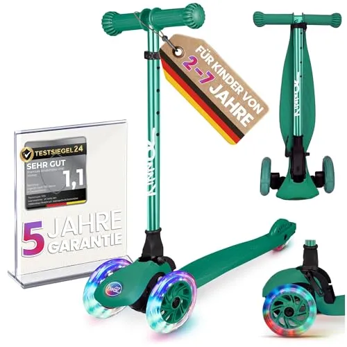 kinnaz ONE Premium Roller für Kinder ab 2 Jahren - Kinderscooter mit 5-fach höhenverstellbarem Lenker und batterielosen LED Rädern für mehr Sichtbarkeit und Spaß. Ideal für Kinder von 2-6 Jahren, klappbar und mit umfangreichen Sicherheitsmerkmalen.