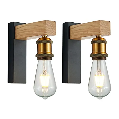 Martll Wandleuchte Innen Holz Vintage E27 Wandlampe Retro Industrial Wandbeleuchtung Innenbeleuchtung für Flur Landhaus Schlafzimmer Wohnzimmer Esstisch(2 Stücke)