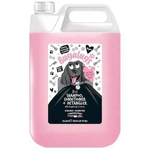 Bugalugs Shampoo, Conditioner und Entwirrungsmittel für Haustiere, Hunde und Katzen, 5 l, professionelle 3-in-1-Formel, Himbeer- und Zitronenduft