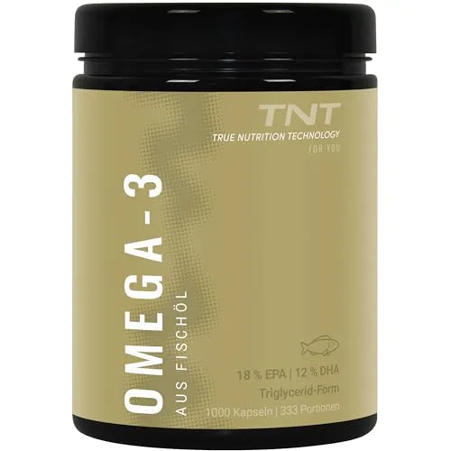 TNT Omega-3 Kapseln aus Fischöl, 1000 St. - Hochwertige Fettsäuren - Fettsäuren mit 18% EPA und 12% DHA, ideal zur Unterstützung der Herzgesundheit. 1340 g Kapseln aus hochwertigem Fischöl, halal-zertifiziert und in Deutschland hergestellt.
