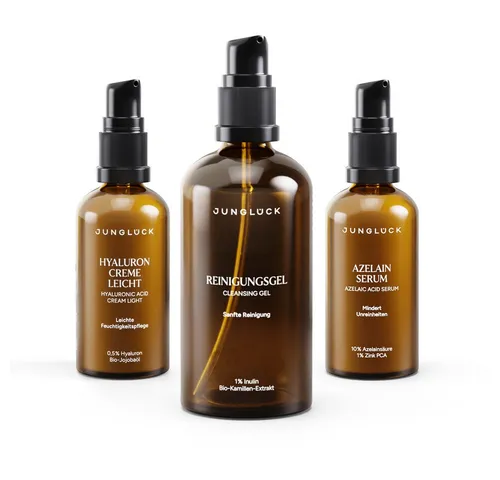 JUNGLÜCK Hautpflege-Set für klare Haut, 1-tlg. - Effektives Set zur gezielten Pflege bei Unreinheiten. Mit Reinigungsgel, Serum und leichter Creme für eine optimale Hautpflege. Ideal für alle Hauttypen.