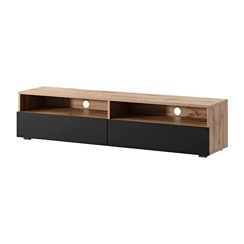 Selsey REDNAW TV-Schrank - Modernes TV-Board für Wohnzimmer - TV-Halterungen, modernes Design in Wotan Eiche und Schwarz Hochglanz, wahlweise stehend oder hängend, mit offenen Fächern und Kabeldurchlass für ordentliches TV-Equipment.