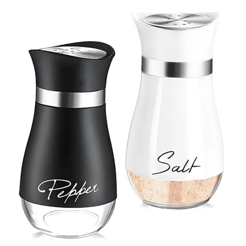 katmerio Salz und Pfefferstreuer 2er Set, 120ml Glasboden Salzstreuer Klein, Gewürzstreuer mit Edelstahl Deckel, Gewürzstreuer Küchenzubehör für Haus, Küche, Restaurant, Esstisch (Schwarz，Weiß)