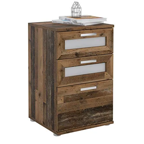 CARO-Möbel Nachtkommode MARIKE - Moderne Nachtkonsole mit 3 Schubladen, 2 davon mit satiniertem Glaseinsatz, ideal für stilvolle Schlafzimmer und optimalen Stauraum.