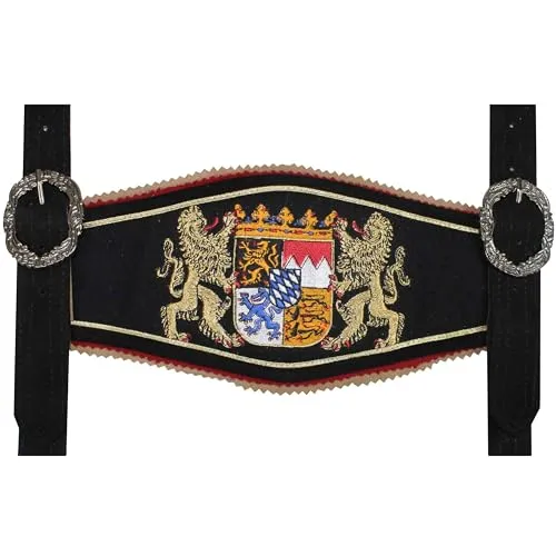 German Wear Trachten Hosenträger lederhosen mit Bayerischem Wappen-stickerei, Farbe:Schwarz