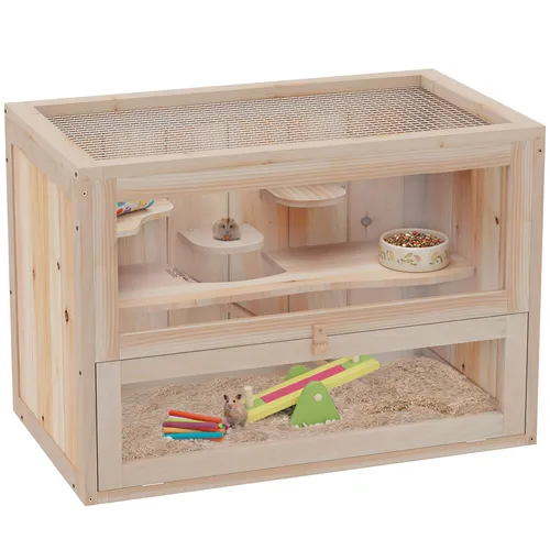 Kleintierkäfig Nagerkäfig Holz 60x35x42cm - Käfige, Auslauf & Gehege – Ideal für Chinchillas, Hamster und Kaninchen, 2 Ebenen aus robustem Naturholz für ein artgerechtes Zuhause.