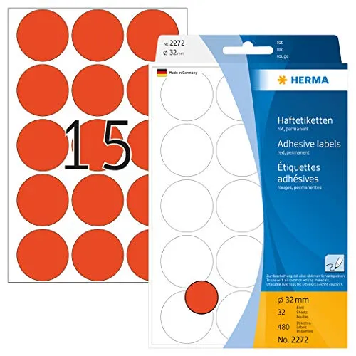 HERMA 2272 Punktaufkleber Klebepunkte rot, 480 Stück, Ø 32 mm, 15 pro Bogen, selbstklebend, Markierungspunkte für Kalender Planer Basteln, matt, blanko Papier Farbpunkte Aufkleber