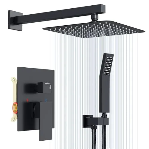 Rainsworth Unterputz Duscharmatur Set, 25x25cm Quadratischer Regenduschkopf mit Hochmoderne Air Injection Technology, Hochwertig Edelstahl und Messing Zubehör, Wandmontage Duschsystem Schwarz