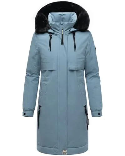 Navahoo Damen Mantel lange warme Winterjacke mit Kunstfell und Kapuze (beides abnehmbar) Kaltwetterretter 14 Powder Blue Gr. L