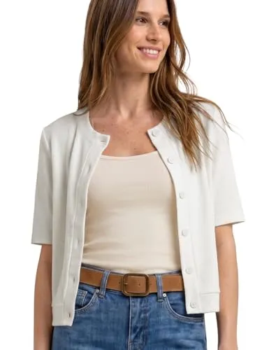 Street One Damen Kurzarm Jacke im Strick-Look - Stylische Kurzarm Jacke im Cardigan-Look aus hochwertigem Viskosemix. Perfekt für lässige Outfits mit Rundhalsausschnitt und praktischer Knopfleiste.
