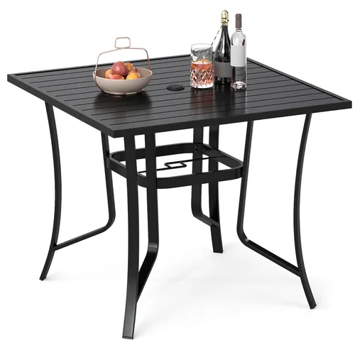 COSTWAY Gartentisch 91x91x73cm mit Schirmloch – quadratischer Metall-Terrassentisch für 4 Personen, Schwarz