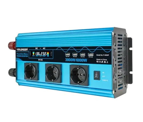 3000W Reiner Sinus Wechselrichter mit 3 Steckdosen und 4 USB-Anschlüssen - Wechselrichter für Fahrzeuge, wandelt 12V DC in 230V AC um, ideal für Geräte bis 3000W, mit LCD-Anzeige und drahtloser Fernbedienung für einfachen Zugriff.