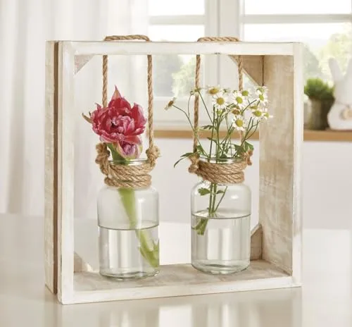 Dekoleidenschaft Holzrahmen Väschen mit 2 Glasvasen - Vasen aus Holz mit 2 Glasvasen, ideal zum stilvollen Blumen präsentieren. Ausgefallenes Design mit weißen Holzrahmen und Rinde, perfekt für dein Zuhause.