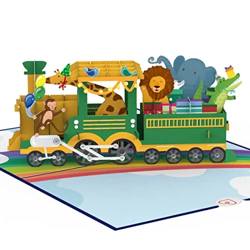 papercrush® Pop Up Karte Eisenbahn mit Tieren – Lustige 3D Geburtstagskarte mit Tiermotiv und Lokomotive für Kinder (Mädchen & Jungen), Glückwunschkarte zum Kindergeburtstag, Gutschein für Zoobesuch