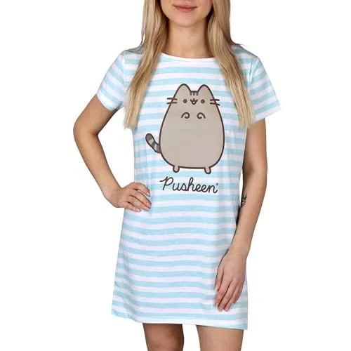 Pusheen blau-weiß gestreiftes Baumwoll-Nachthemd L