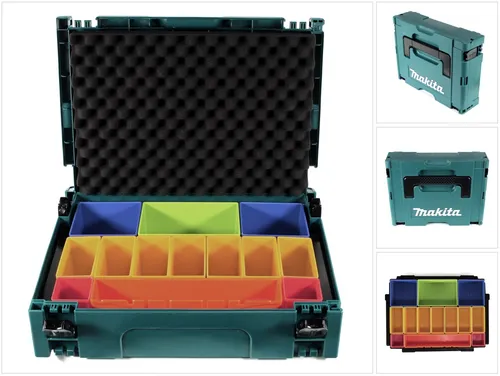 Makita MAKPAC 1 Systemkoffer mit Boxeneinsatz P-83652 - Werkstatteinrichtung mit farbigen Boxen und praktischer Deckeleinlage aus Schaumstoff für optimale Organisation und Schutz Ihrer Werkzeuge.