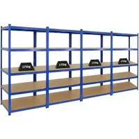 PROREGAL® Schwerlastregal MegaDeal TAURUS - 4-tlg. Set, 180x90x60cm, Blau - Schwerlastregale für Werkstatt & Garage, hohe Traglast von 175 kg pro Ebene, einfache Steckmontage ohne Werkzeug, auch als Werkbänke nutzbar.