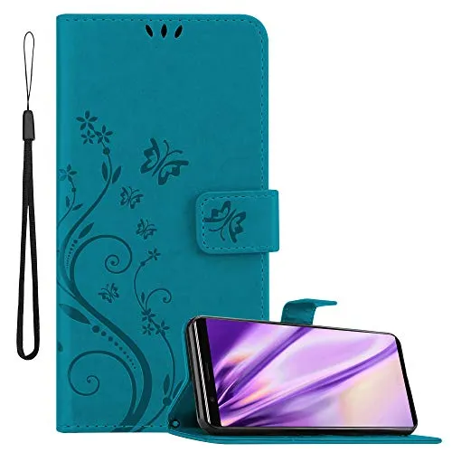 Cadorabo Hülle kompatibel mit Sony Xperia 5 Blumen Design aus Premium Kunst Leder Flip Klappbare Stoßfeste Magnetische [Standfunktion] [Kartenfächern] Cover Hülle für Sony Xperia 5 Tasche in Blau