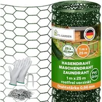 Produktbild TTL GARDEN Hasendraht Grün 1m x 25m 25x45mm Masche Ø0,66mm PVC Beschichtet Drahtgitter mit 100 Krampen & Handschuhen