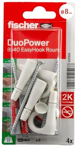fischer EasyHook Round 8, Set aus 4 vielseitig einsetzbaren Rundhaken und 4 passenden DuoPower 8x40 Dübeln, für die einfache & schnelle Montage in zahlreichen Baustoffen