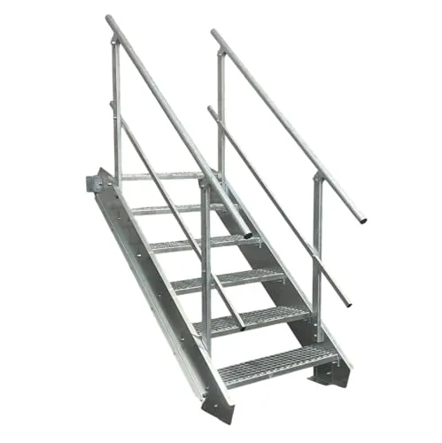 Stufen Stahltreppe mit beidseitigem Geländer 70 cm - Robuste 6-Stufen Stahltreppe für den Außenbereich, ideal für Geschosshöhen von 90-120 cm. Mit stabilem Geländer und umfangreichem Zubehör für eine sichere Nutzung.