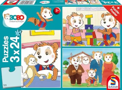 Schmidt Spiele 56414 Bobo Siebenschläfer, Freunde und Familie, 3x24 Teile Kinderpuzzle