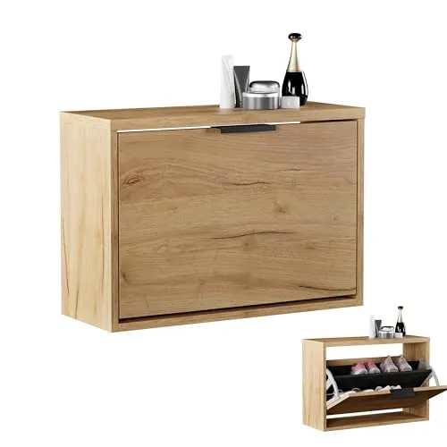 Planetmöbel Schuhschrank schmal mit 1 Klappe platzsparender Schuhregal mit 2 Ablagen, Schuhkommode für Diele, Flur, Garderobe 60 x 23 x 42,5 cm, Gold Eiche