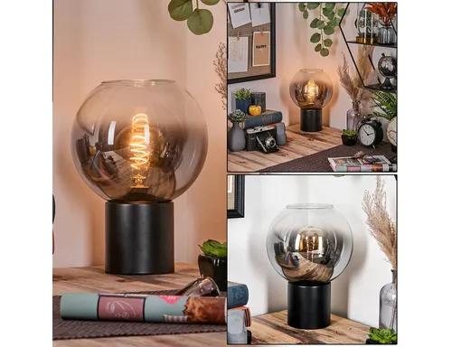 Hofstein Tischleuchte im Retro-Design aus Metall und Glas - Elegante Tischlampe im Vintage-Stil, ideal für Wohn- und Arbeitsbereiche. Mit einem klaren Glasschirm und einem stabilen Metallfuß sorgt sie für stimmungsvolles Licht.