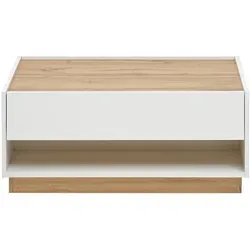 Lomadox Moderner Couchtisch in Weiß mit Wotan Eiche Akzenten - Konsolentisch fürs Wohnzimmer, stilvolles Design mit grifflosen Fronten und einem Schubkasten für zusätzlichen Stauraum. Hochwertige Melaminharzbeschichtung sorgt für Langlebigkeit und Pflegeleichtigkeit.